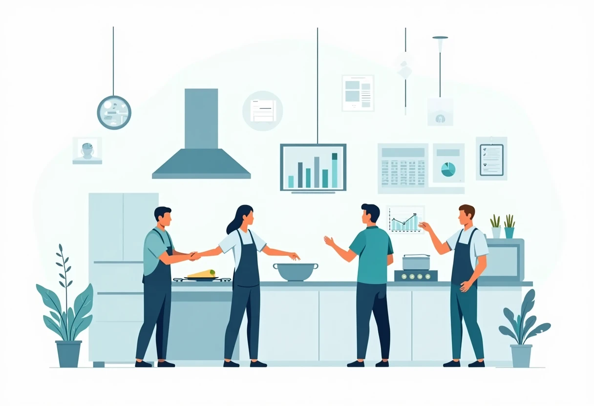 Trabajadores de hospitalidad colaborando en una cocina